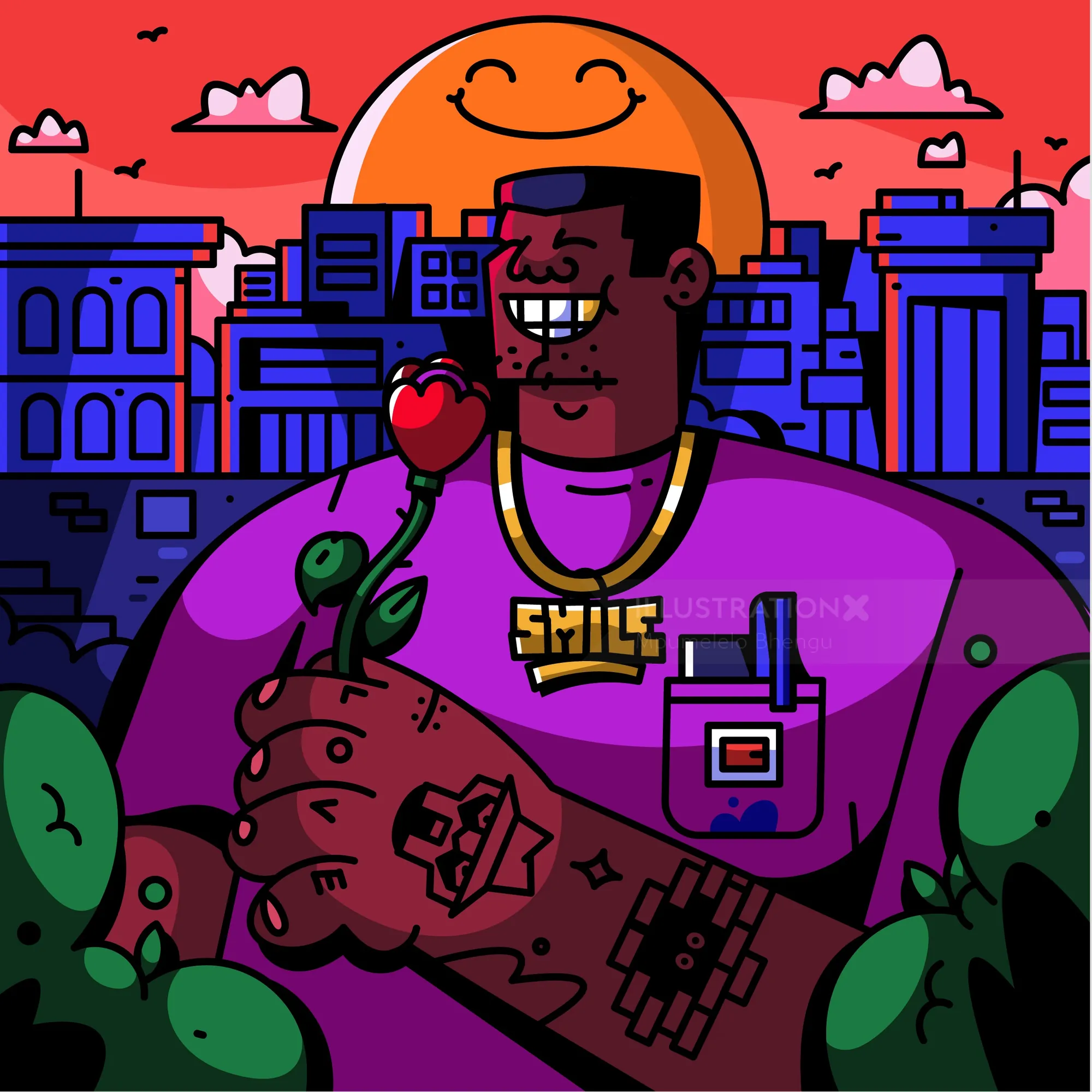 Hombre sonriente sosteniendo una flor con un sol brillante y un paisaje urbano de fondo, por Mpumelelo Bhengu
