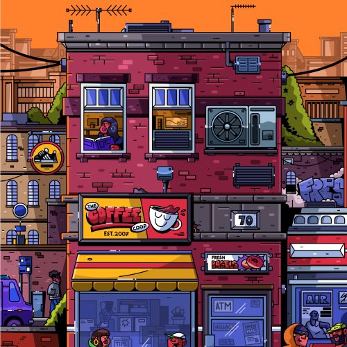 Urban coffee shop with people relaxing and cycling by, artwork by Mpumelelo Bhengu