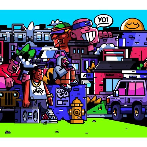 Colorful illustration of a B-Boy crew in an urban setting by Mpumelelo Bhengu