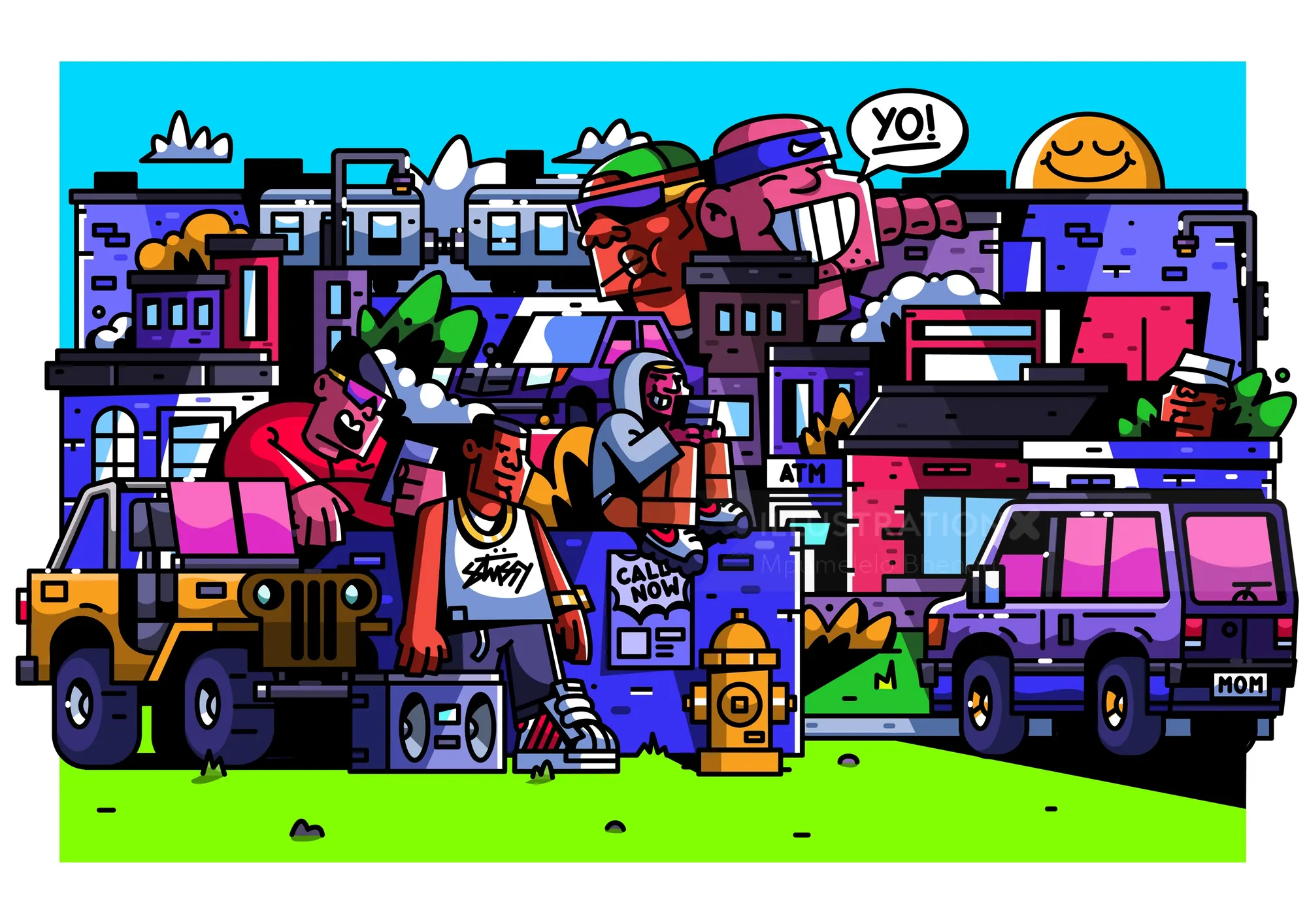 Ilustración colorida de un grupo de B-Boys en un entorno urbano por Mpumelelo Bhengu