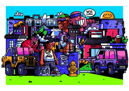 Farbenfrohe Illustration einer B-Boy-Crew im urbanen Umfeld von Mpumelelo Bhengu