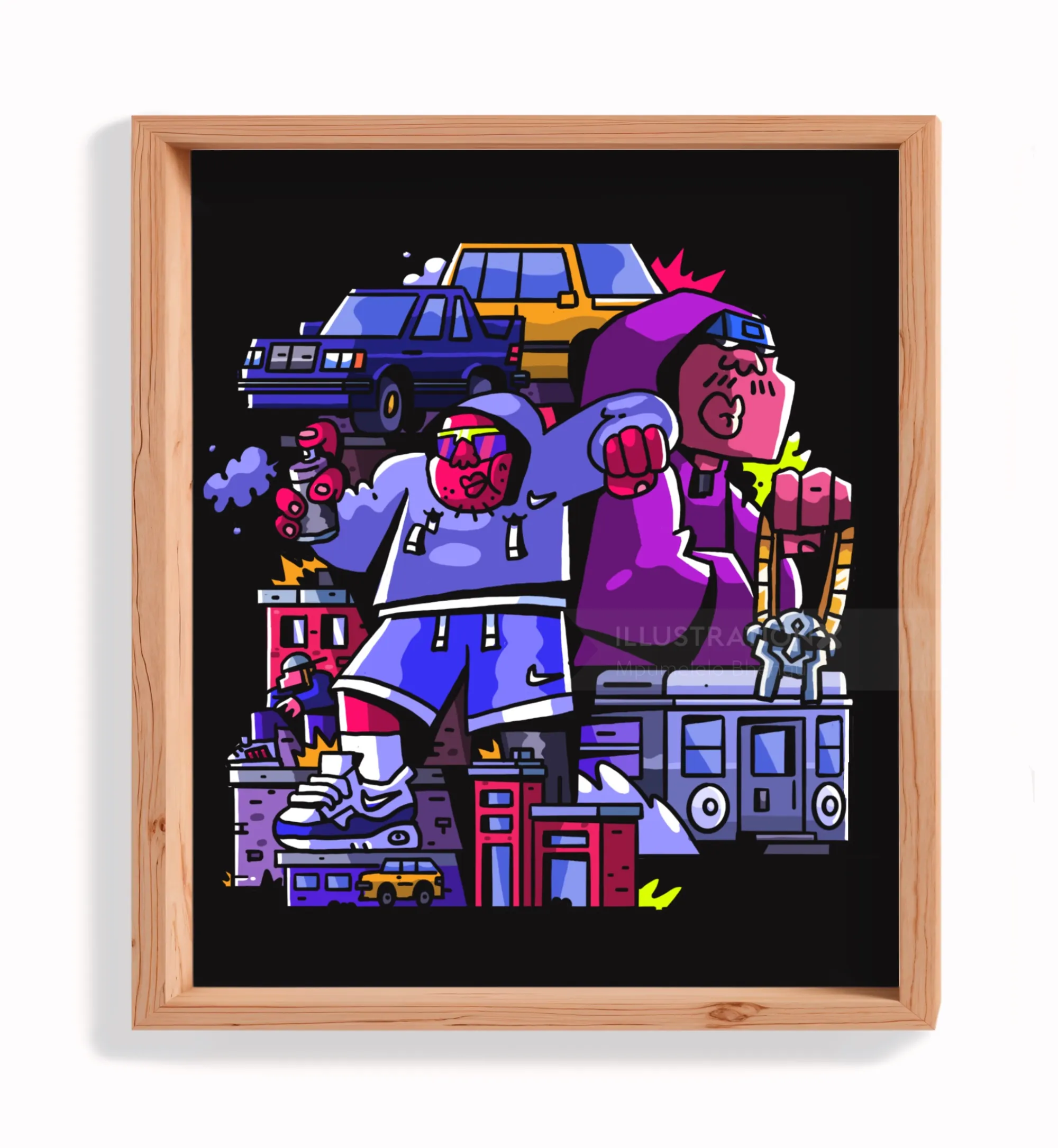 Cartoon hip-hop scene with three characters and urban elements by Mpumelelo Bhengu
