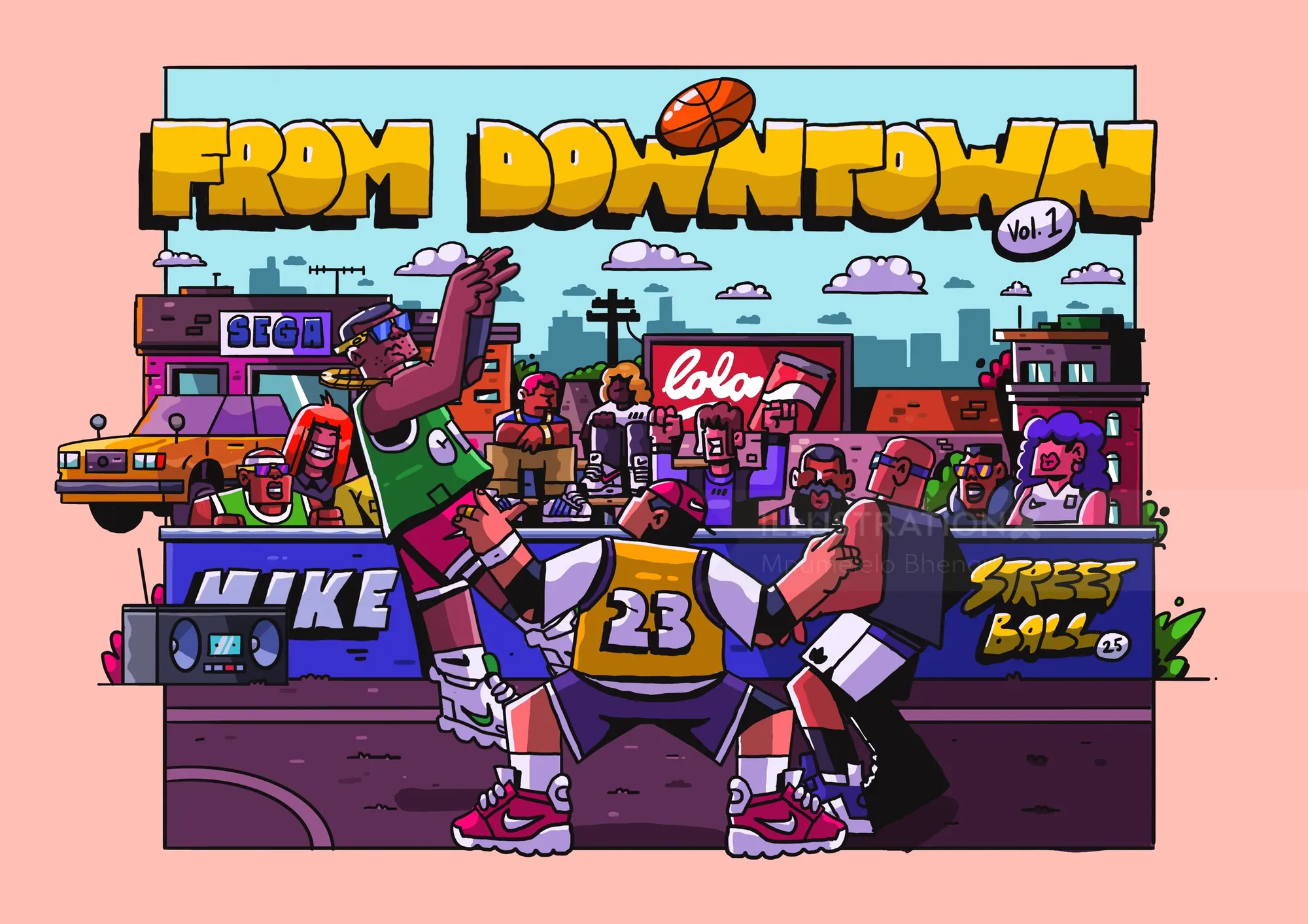 Cartoon of basketball players hanging out in urban neighborhood by Mpumelelo Bhengu