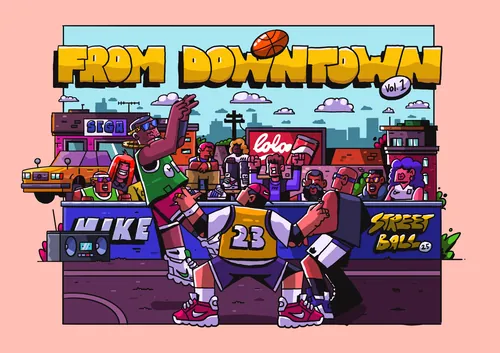 Cartoon von Basketballspielern, die in einem Stadtviertel abhängen, von Mpumelelo Bhengu