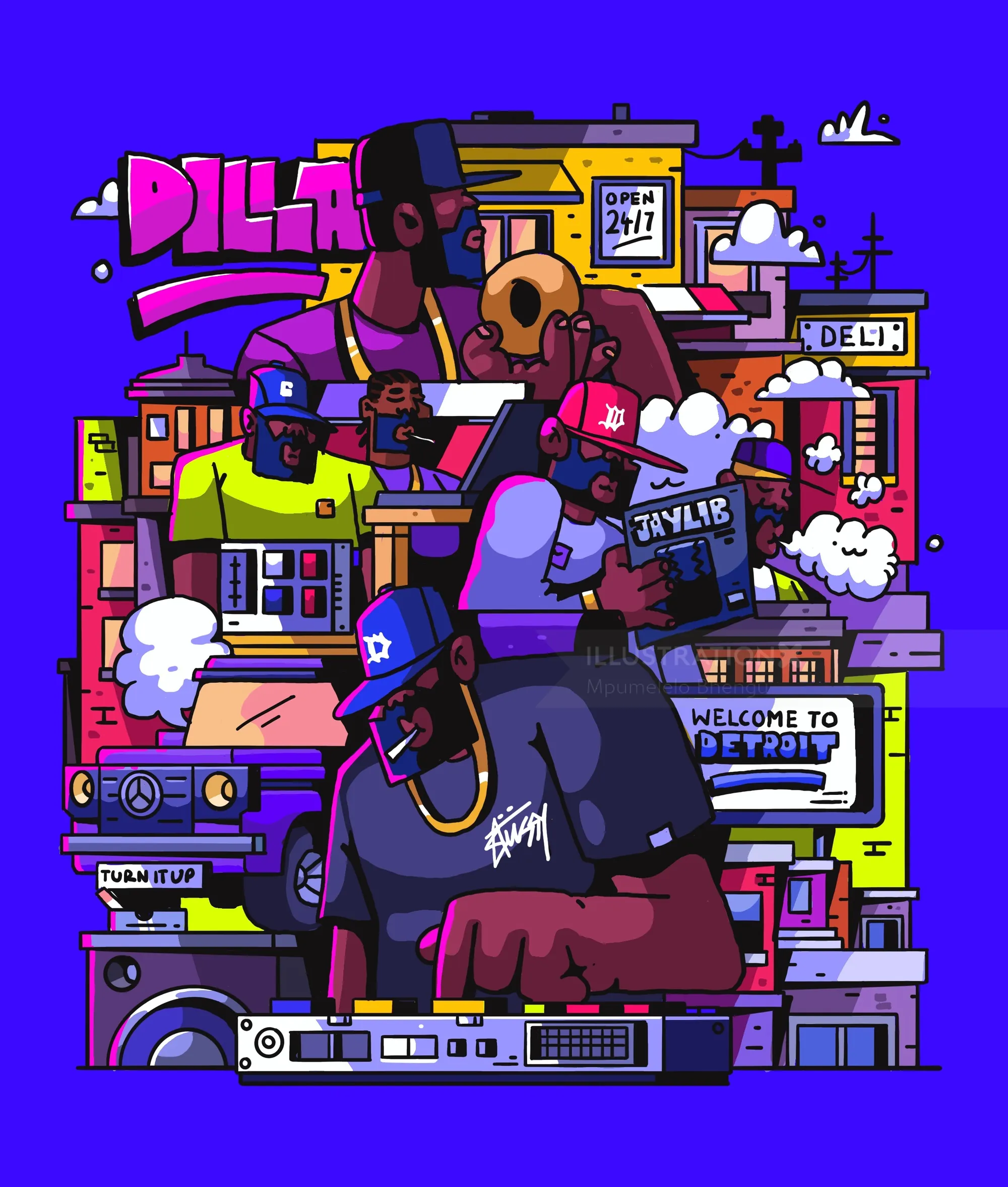 Colorful J Dilla-themed poster by Mpumelelo Bhengu with Detroit city elements