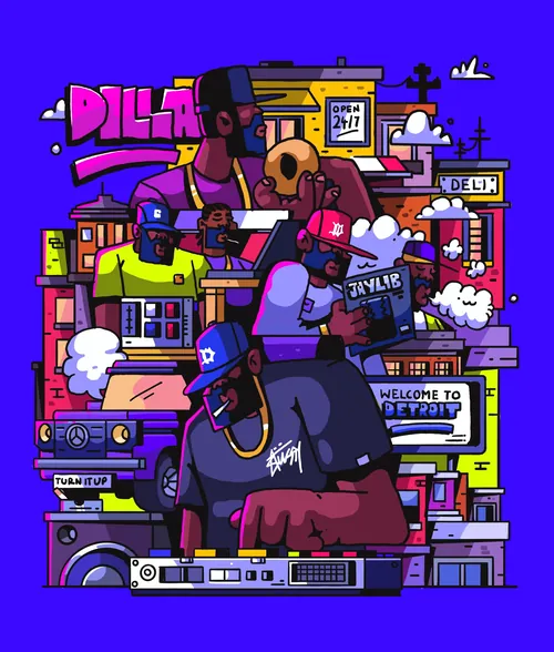 Farbenfrohes Poster im J-Dilla-Stil von Mpumelelo Bhengu mit Elementen der Stadt Detroit