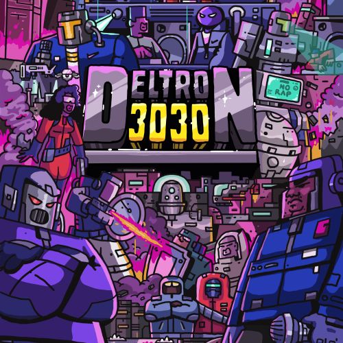 Colorful futuristic city poster with robots and characters by Mpumelelo Bhengu