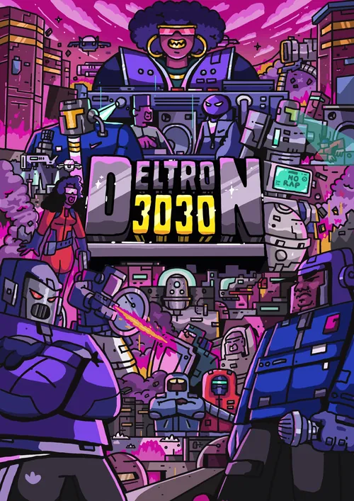 Farbenfrohes futuristisches Stadtposter mit Robotern und Figuren von Mpumelelo Bhengu