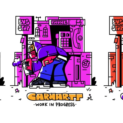 Three colorful illustrations of bus stop scenes by Mpumelelo Bhengu