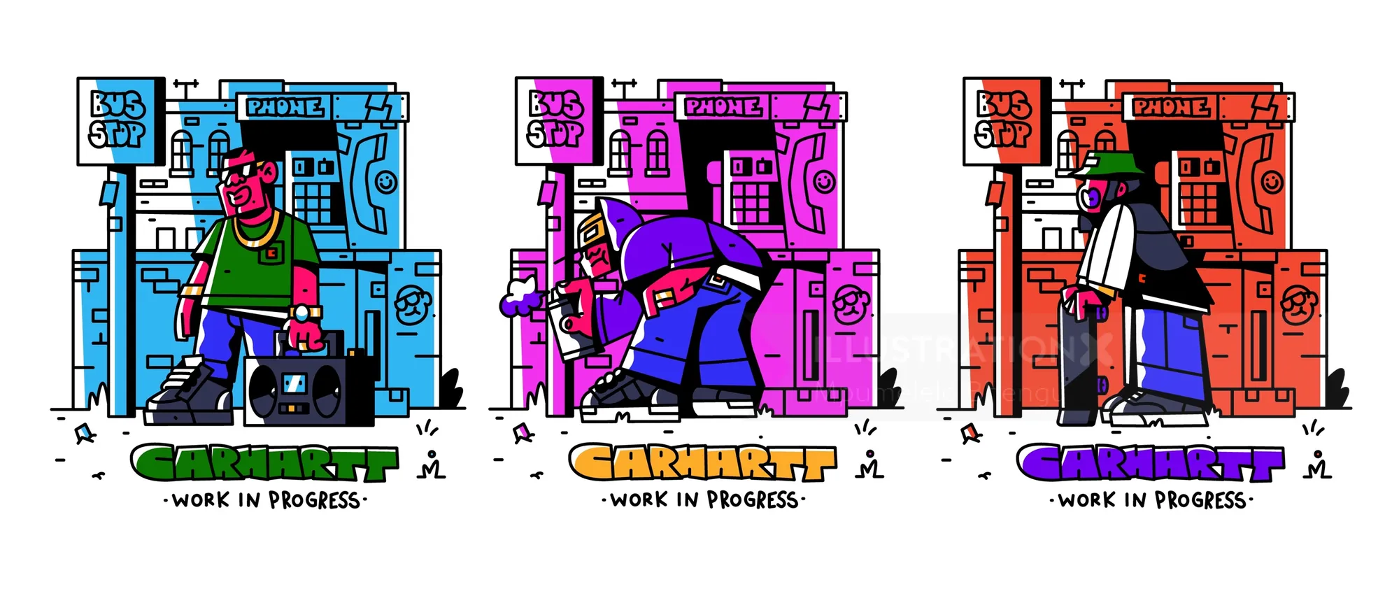 Three colorful illustrations of bus stop scenes by Mpumelelo Bhengu