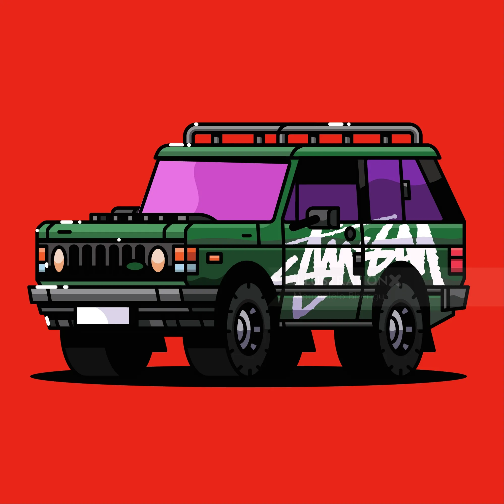 緑色のオフロードSUV、紫色の窓、デジタルイラスト（作者：Mpumelelo Bhengu）
