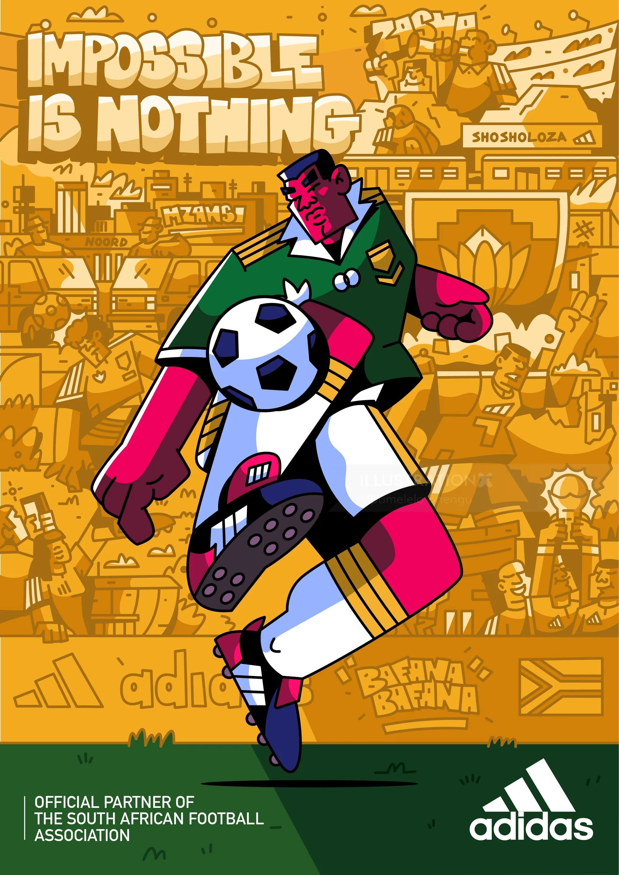 Soccer player juggling football with Adidas logo, illustration by Mpumelelo Bhengu