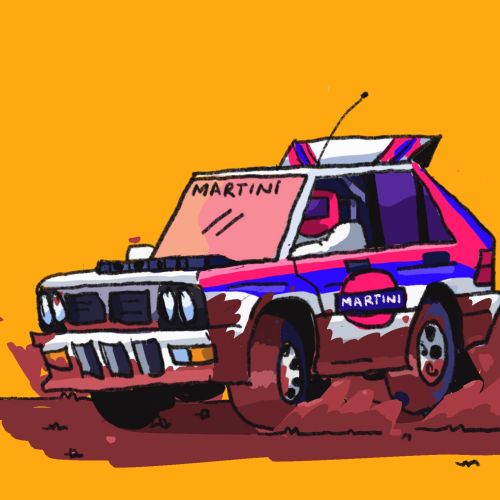 Rally car with Martini decals driving on dirt terrain by Mpumelelo Bhengu