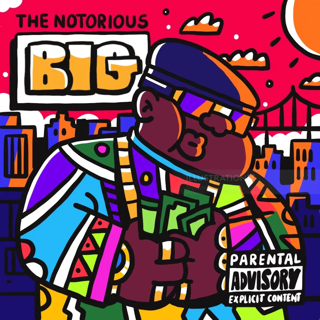 Farbenfrohes, illustriertes Porträt von The Notorious B.I.G. von Mpumelelo Bhengu