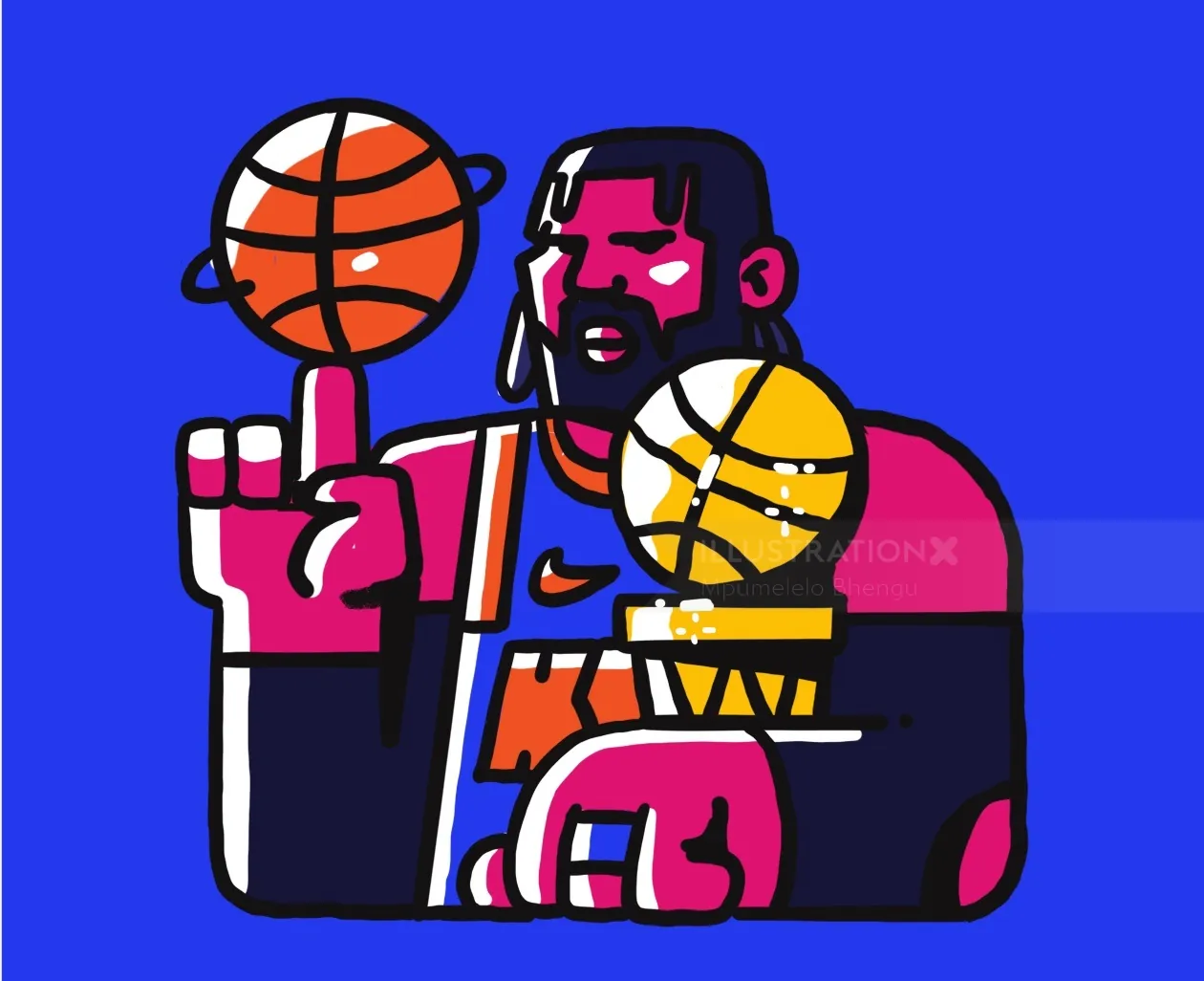 Mpumelelo Bhengu Illustration eines bärtigen Basketballspielers, der zwei Basketbälle hält