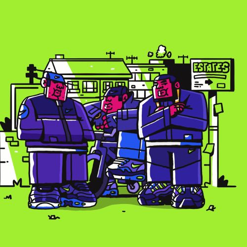Mpumelelo Bhengu illustration of three people standing outside a building