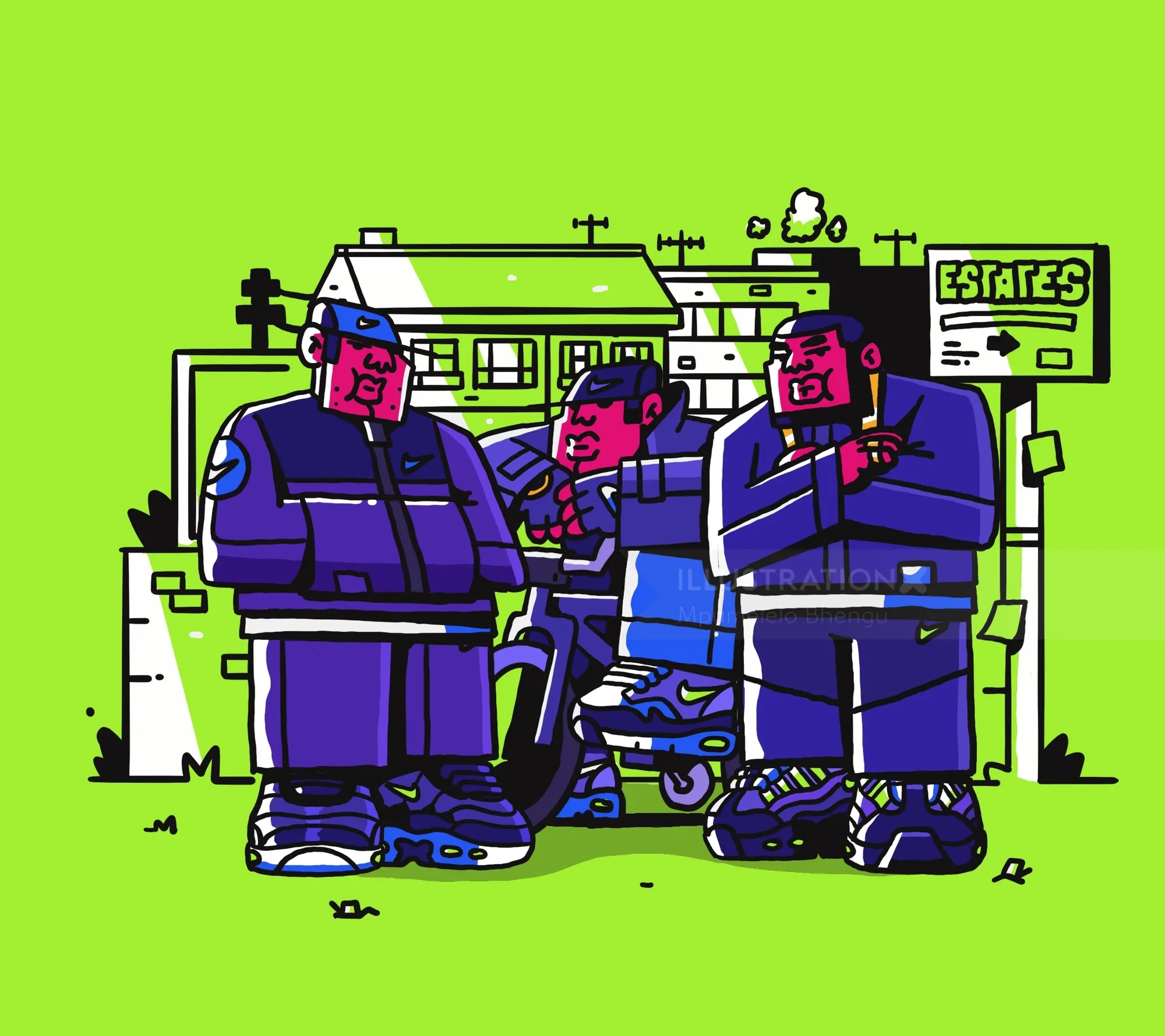 Mpumelelo Bhengu Illustration von drei Personen, die vor einem Gebäude stehen