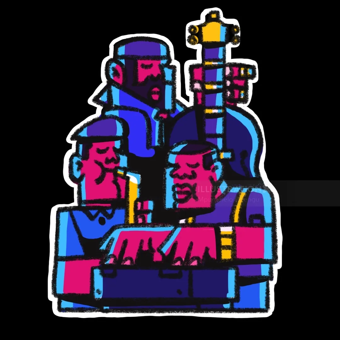 Farbenfrohe futuristische Robotergruppen-Illustration von Mpumelelo Bhengu