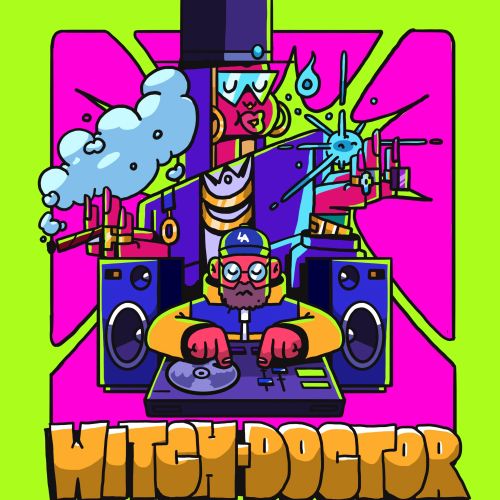Ilustração de Mpumelelo Bhengu mostrando um DJ mascarado com toca-discos e caixas de som.