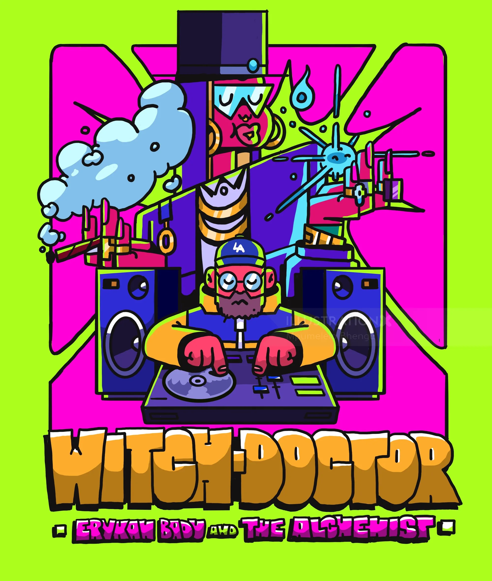 Illustration von Mpumelelo Bhengu, die einen maskierten DJ mit Plattenspielern und Lautsprechern zeigt.