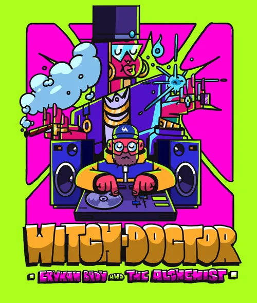 Illustration by Mpumelelo Bhengu showing a masked DJ with turntables and speakers