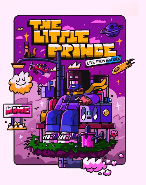 The Little Prince scene by Mpumelelo Bhengu with a rocket and purple city.