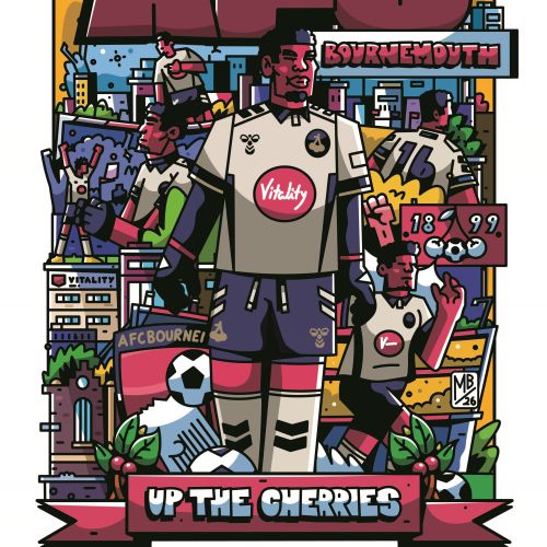 Farbenfrohe Illustration einer Fußball-Straßenszene von Mpumelelo Bhengu