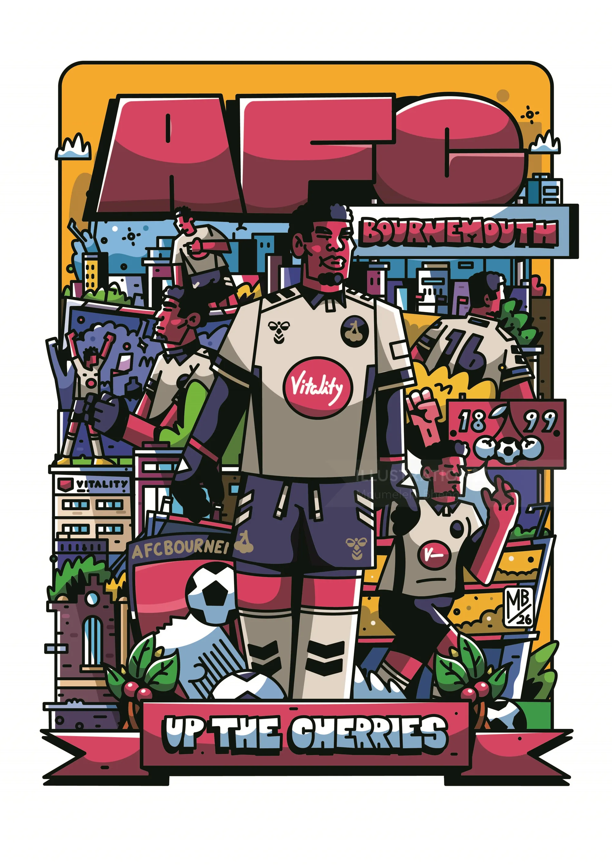 Farbenfrohe Illustration einer Fußball-Straßenszene von Mpumelelo Bhengu