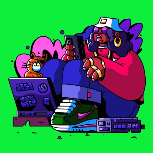 Colorful cartoon music character by Mpumelelo Bhengu holding a microphone beside audio equipment
