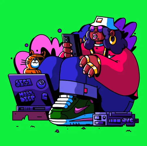 Colorful cartoon music character by Mpumelelo Bhengu holding a microphone beside audio equipment