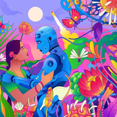 A robot and woman embrace surrounded by vibrant flowers and butterflies