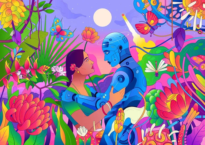 A robot and woman embrace surrounded by vibrant flowers and butterflies