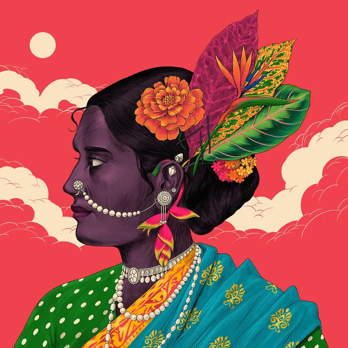 Profile of a woman with floral and leaf decorations on vibrant background
