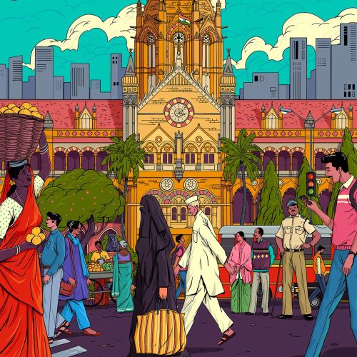 Mumbai city life line and color illustration