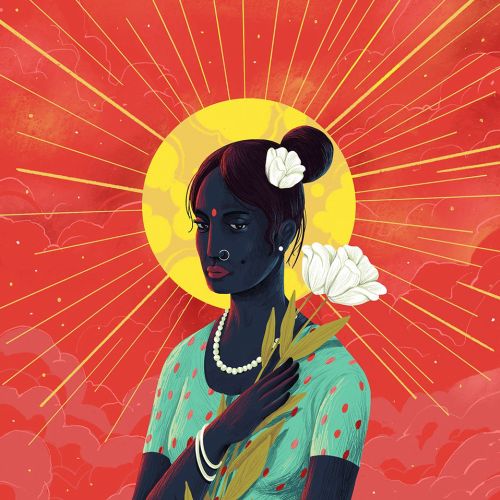 Dark-skinned woman with flowers and halo on red background