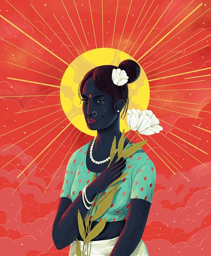 Dark-skinned woman with flowers and halo on red background