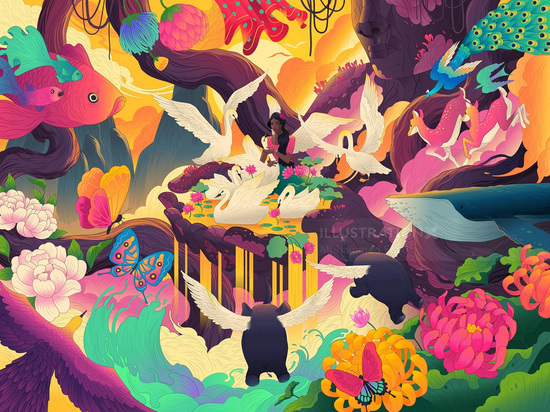 Colorful surreal landscape with birds, flowers, and fantasy creatures