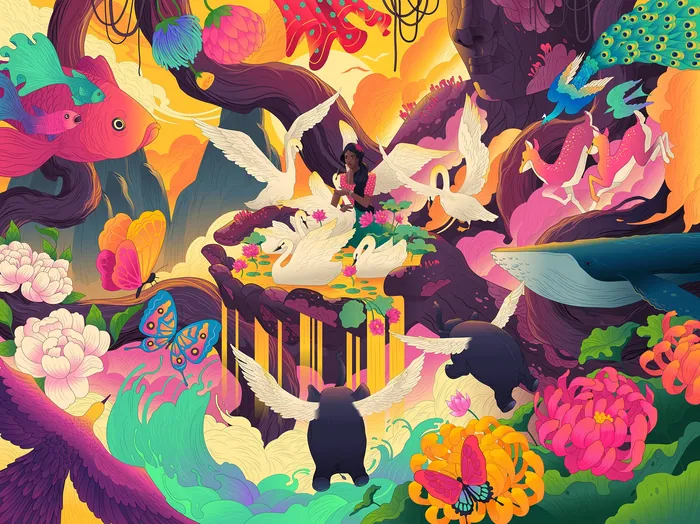 Colorful surreal landscape with birds, flowers, and fantasy creatures