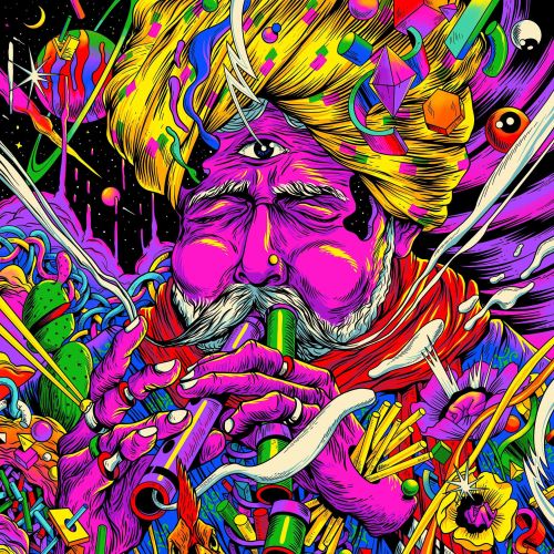 Vibrant psychedelic portrait of a man with third eye and colorful elements