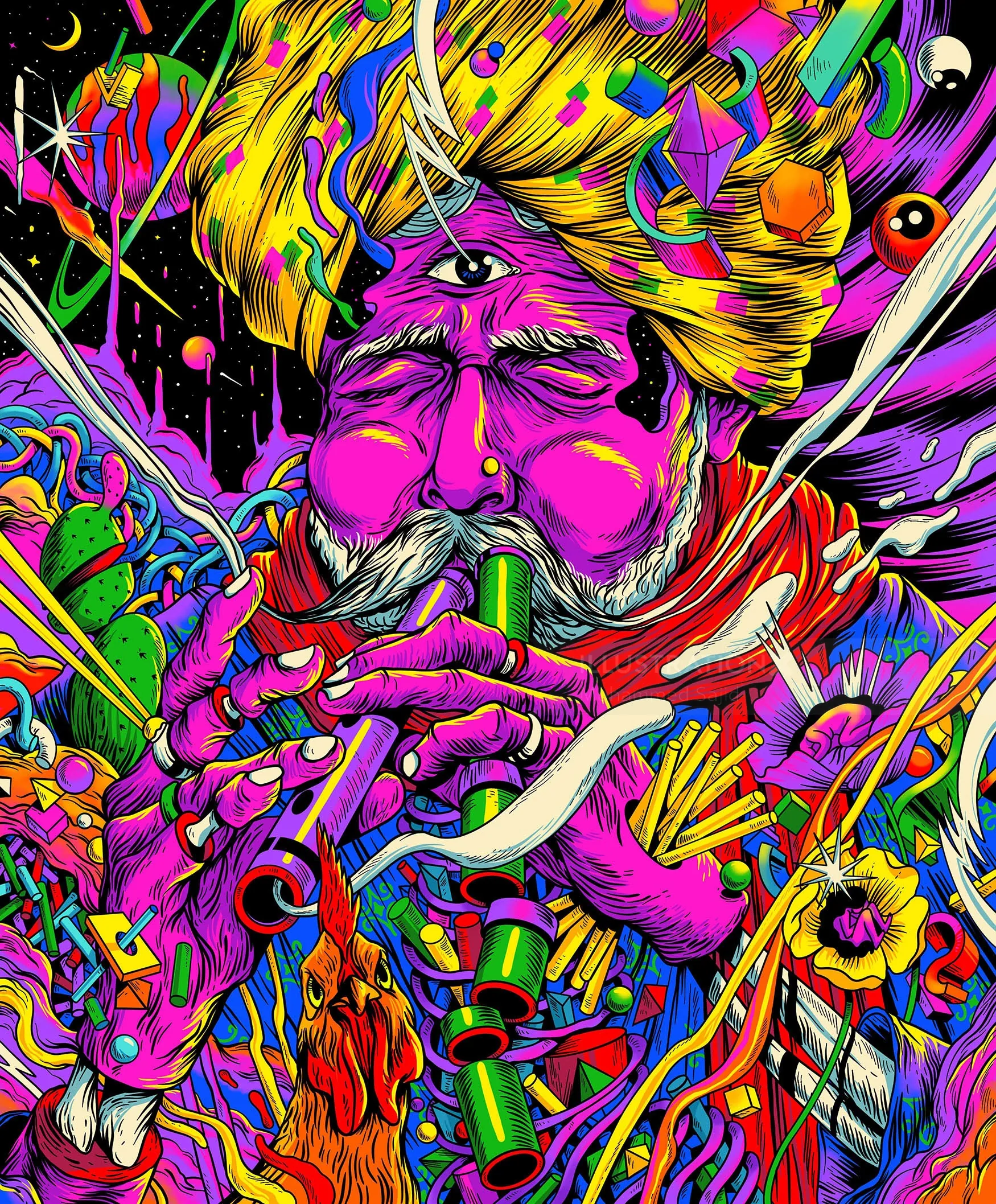 Vibrant psychedelic portrait of a man with third eye and colorful elements