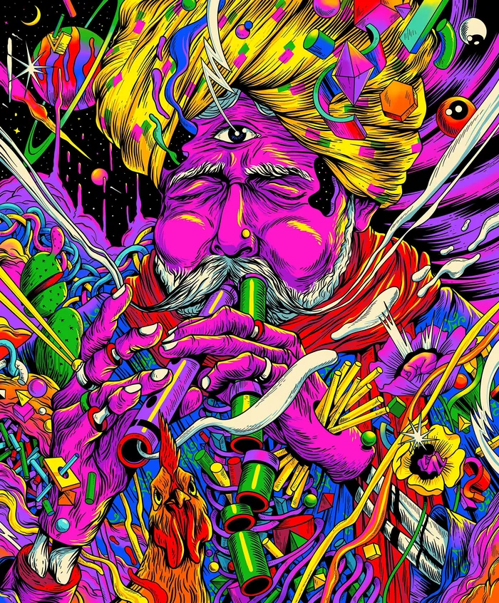 Vibrant psychedelic portrait of a man with third eye and colorful elements