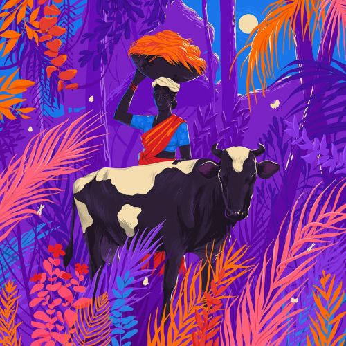 Woman carrying crops standing beside cow in vibrant forest
