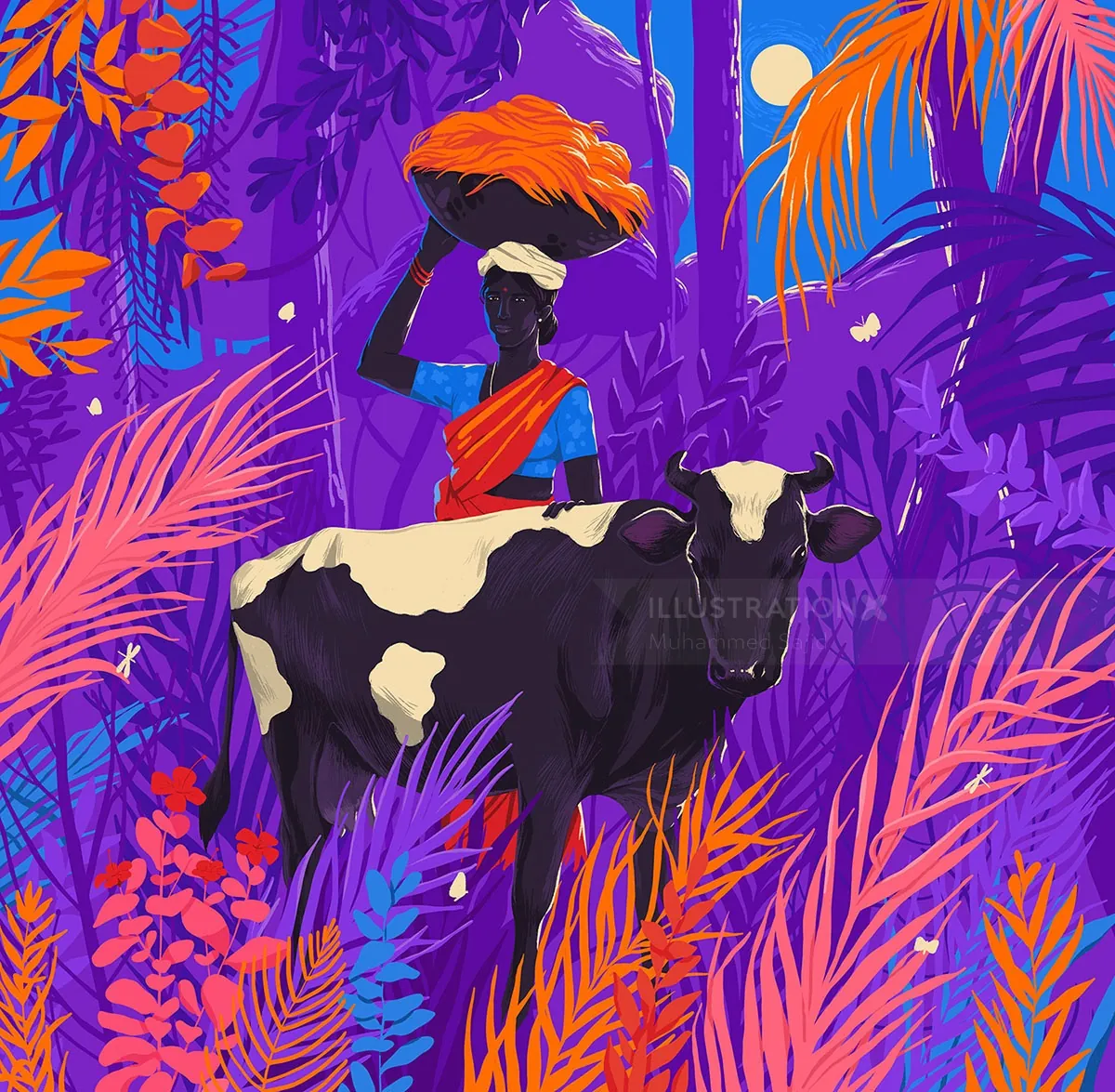 Woman carrying crops standing beside cow in vibrant forest