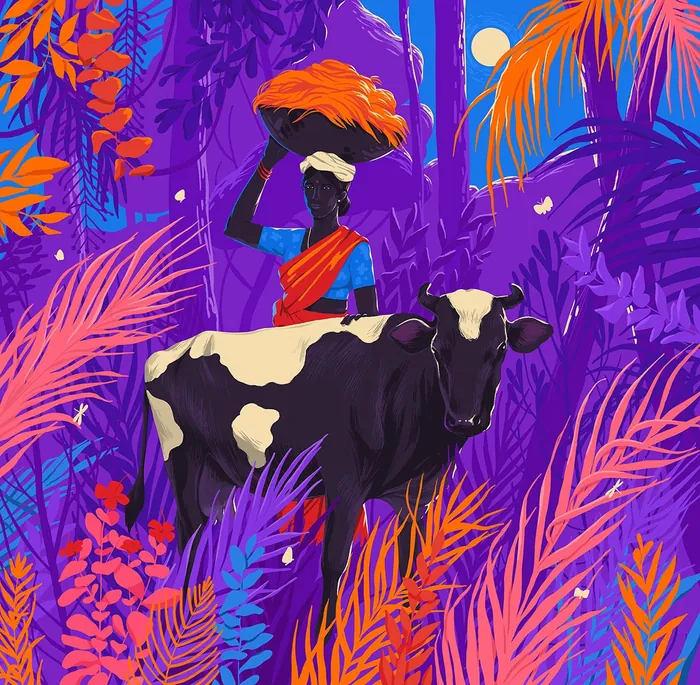 Woman carrying crops standing beside cow in vibrant forest