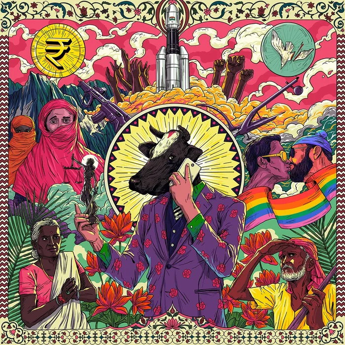 Colorful artwork of a cow-headed man with diverse Indian figures and symbols
