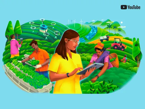 Farmers working in green fields with smart farming devices by Muhammed Sajid