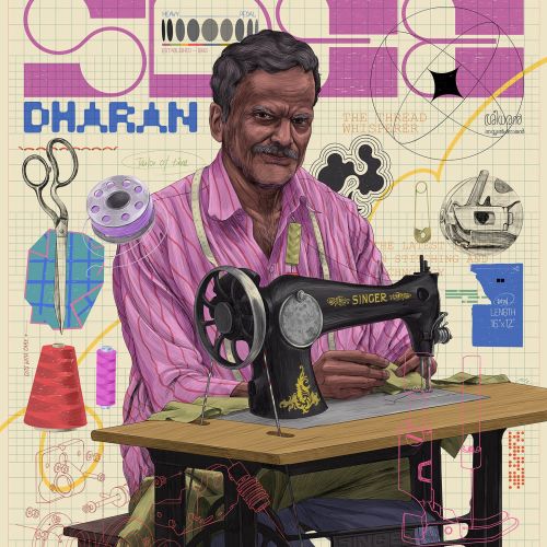 Tailor using Singer sewing machine with sewing tools by Muhammed Sajid