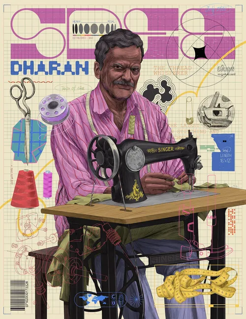Tailor using Singer sewing machine with sewing tools by Muhammed Sajid