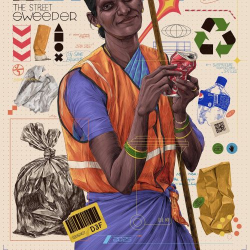Street sweeper holding broom and trash bags, detailed portrait by Muhammed Sajid