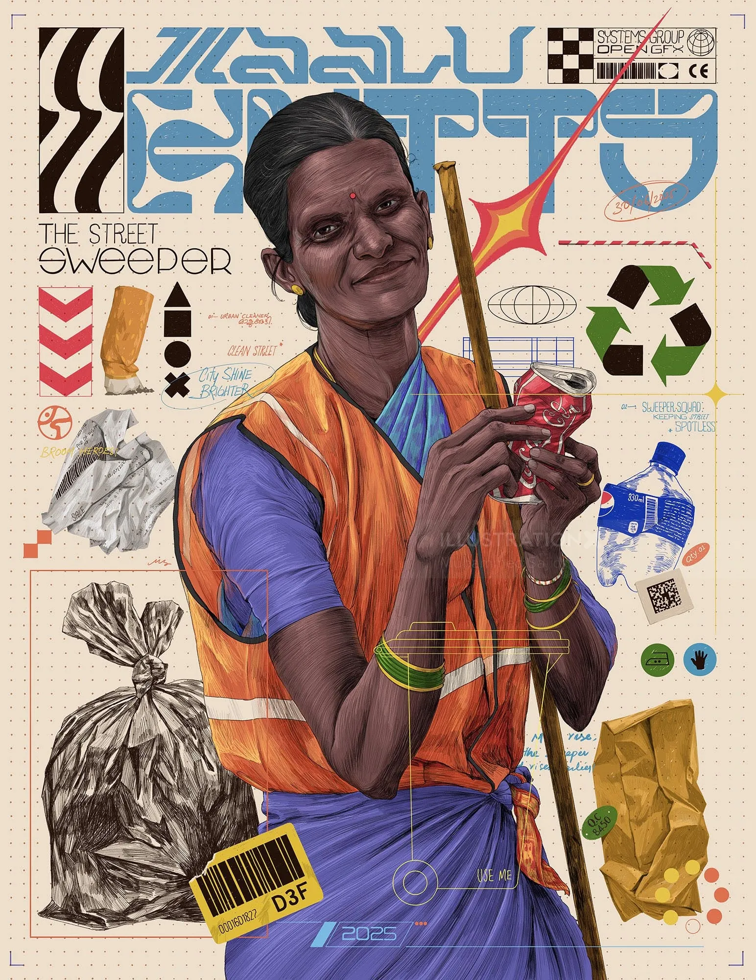 Street sweeper holding broom and trash bags, detailed portrait by Muhammed Sajid